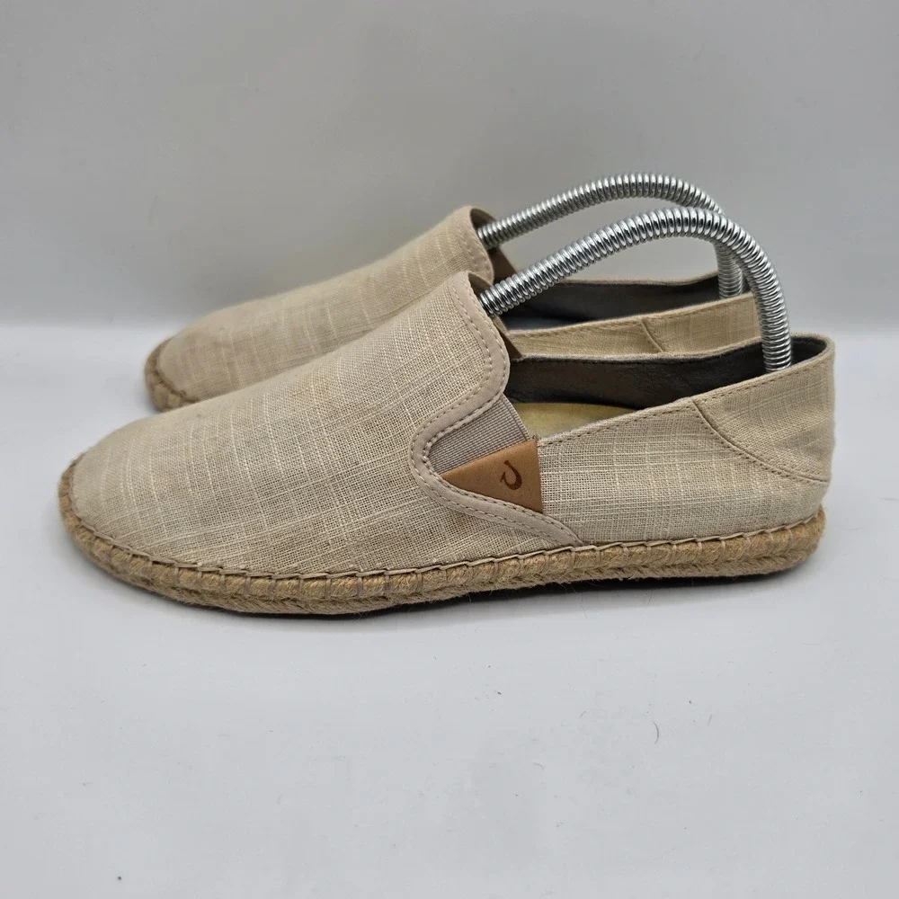 Olukai Kaula Pa'a Kapa Tan Linen Espadrille Slip On Shoes Womens 8.5
